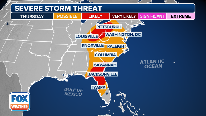 This graphic shows the severe weather threat on Thursday, April 11, 2024.