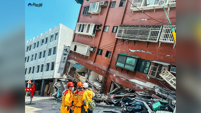Fire fighters continue search and rescue operations among the rubble as at least nine people were killed and hundreds of others injured after a magnitude 7.4 earthquake struck off Taiwan's eastern coast on the Richter scale, in Hualien, Taiwan on April 03, 2024. Taiwan's strongest earthquake in a quarter century rocked the island during the morning rush Wednesday, damaging buildings and creating a tsunami that washed ashore on southern Japanese islands. (Photo by Ministry of Interior / Handout /Anadolu via Getty Images)