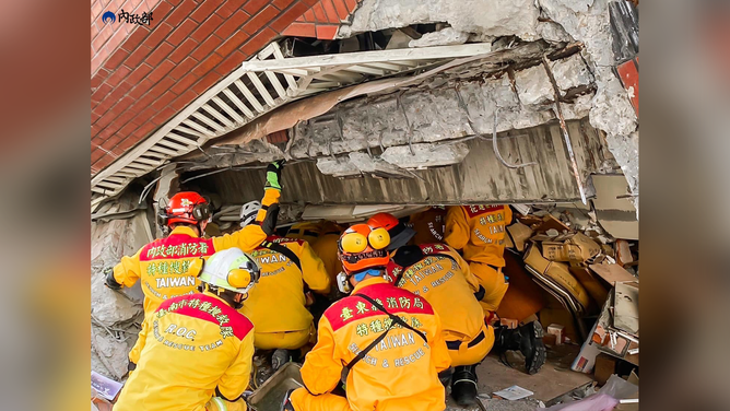 Fire fighters carry out search and rescue operations among the rubble as at least nine people were killed and hundreds of others injured after a magnitude 7.4 earthquake struck off Taiwan's eastern coast on the Richter scale, in Hualien, Taiwan on April 03, 2024. Taiwan's strongest earthquake in a quarter century rocked the island during the morning rush Wednesday, damaging buildings and creating a tsunami that washed ashore on southern Japanese islands. (Photo by Ministry of Interior / Handout /Anadolu via Getty Images)