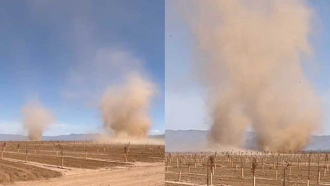 Side-by-side images taken on April 13, 2024 show twin dust devils joining in Kingman, Arizona.