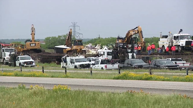 A train derailed in central Texas as severe storms moved through the area Tuesday evening.