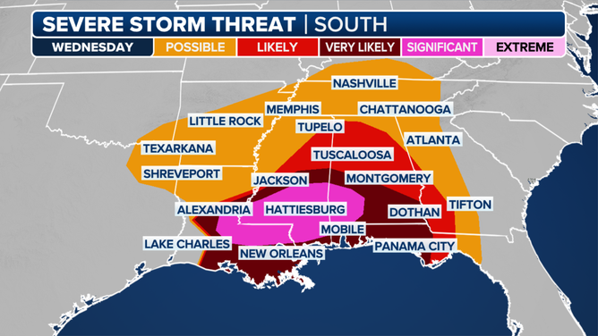This graphic shows the severe weather threat on Wednesday, April 10, 2024