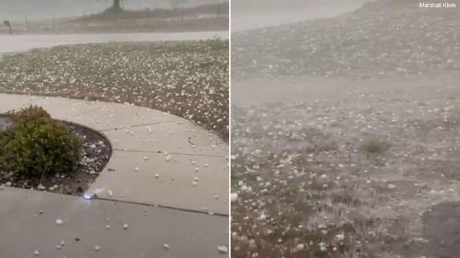 Hail covers the ground in Boyd, Texas, on April 1, 2024.