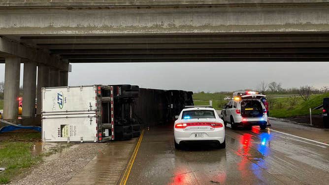 Images of a crash during a severe weather outbreak near Utica on I-265 on April 2, 2024. (Image: Sgt. Carey Huls/Indiana State Police)