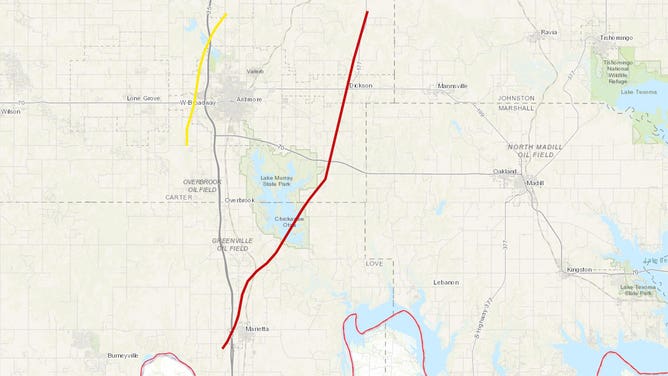 The path of an EF-4 tornado that happened in Oklahoma on April 27, 2024, is seen highlighted in dark red.