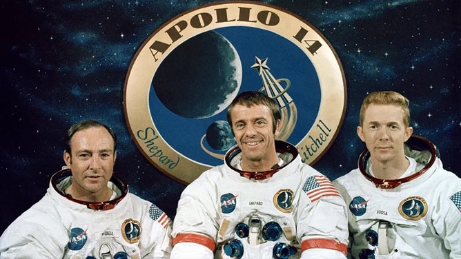 The crew of the Apollo 14 lunar landing mission. Left to right, are Edgar D. Mitchell, lunar module pilot; Alan B. Shepard Jr., commander; and Stuart A. Roosa, command module pilot.