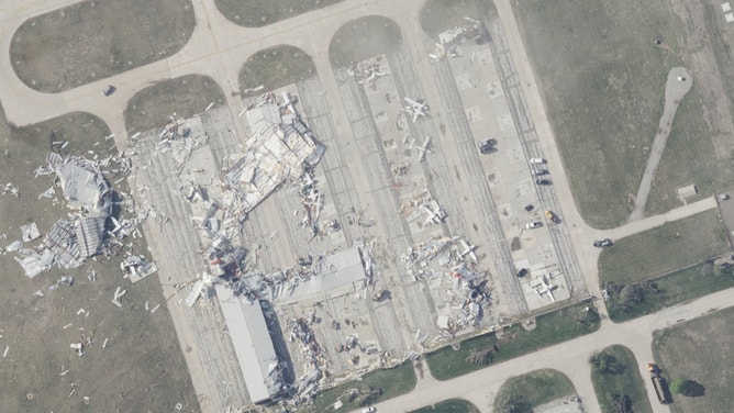 Damage seen from above of Omaha's Eppley Field airport facility after an EF-3 tornado. (Image: GIC)