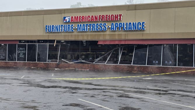 Photos of damage to businesses along Highway 901 and Saluda Street in Rock Hill, South Carolina after a severe thunderstorm caused widespread destruction from wind and hail. 