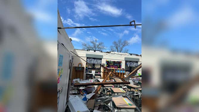 Fairland West Elementary School in Ohio heavily damaged during a severe storm.