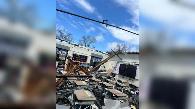 Fairland West Elementary School in Ohio heavily damaged during a severe storm.