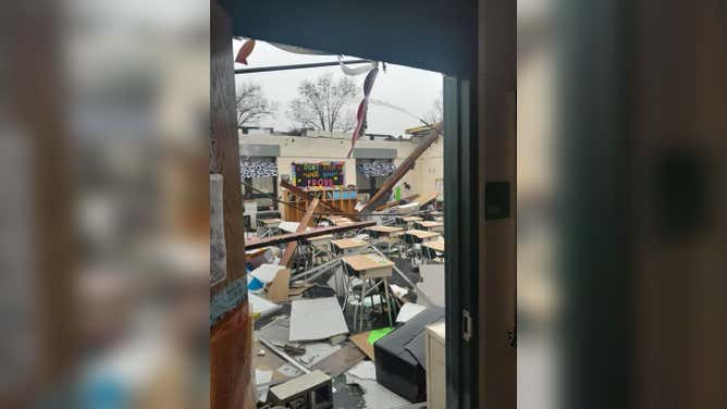 Fairland West Elementary School in Ohio heavily damaged during a severe storm.