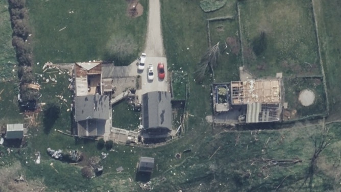 Tornado damage seen from above in Crescent, Iowa on April 27, 2024.