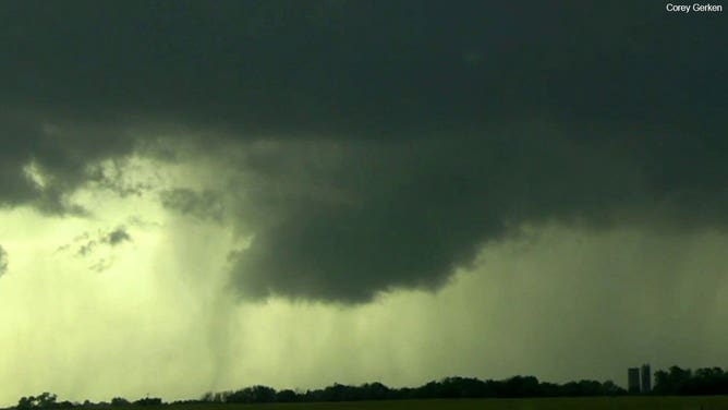 A wall cloud hovers over the countryside near Ringwood, Oklahoma, on May 6, 2024.