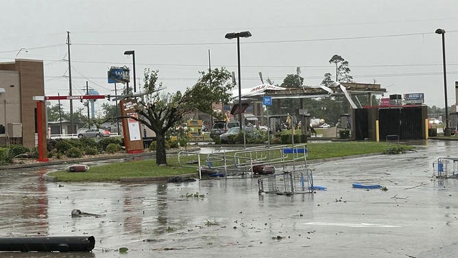 Damage from a possible tornado is seen in Sulphur, Louisiana, on May 13, 2024.