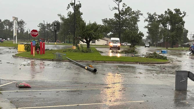 Damage from a possible tornado is seen in Sulphur, Louisiana, on May 13, 2024.