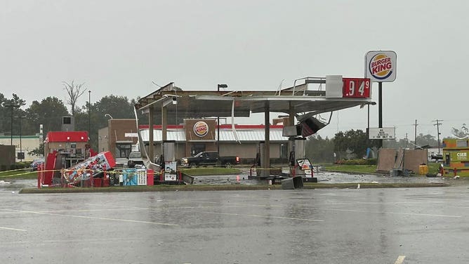 Damage from a possible tornado is seen in Sulphur, Louisiana, on May 13, 2024.