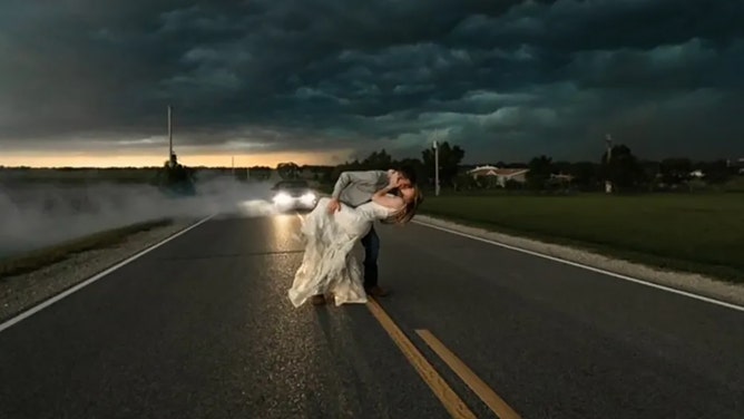 Newlyweds Trapper and MaKayla Shore took epic wedding photos as a thunderstorm approached.