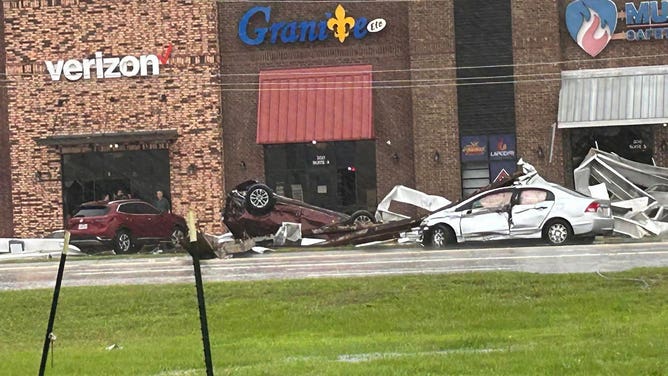 Damage from a possible tornado is seen in Sulphur, Louisiana, on May 13, 2024.