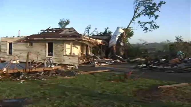 Significant damage is seen in Barnsdall, Oklahoma, on Tuesday, May 7, 2024, after a tornado struck the city overnight.