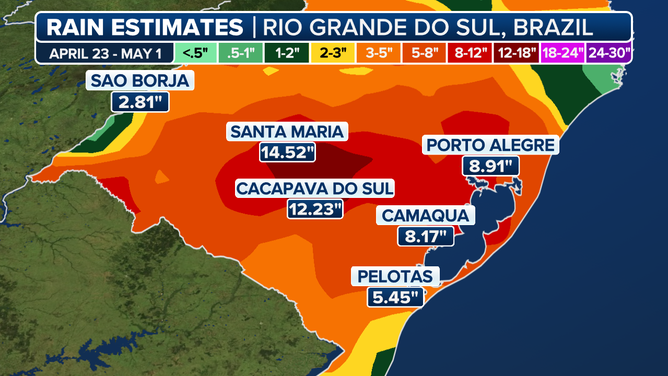 Rainfall estimates across southern Brazil between April 23 and May 1.