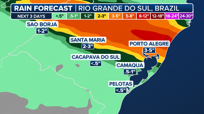 Rain forecast between Thursday and Saturday in southern Brazil.