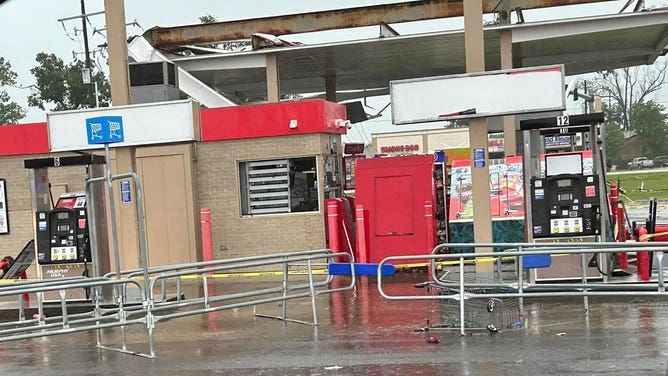 Damage from a possible tornado is seen in Sulphur, Louisiana, on May 13, 2024.