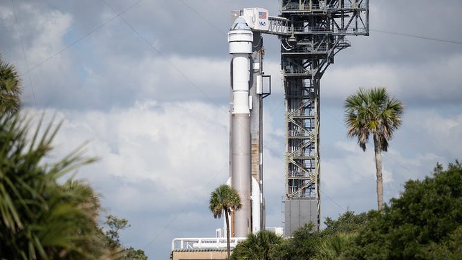 A United Launch Alliance Atlas V rocket with Boeing’s CST-100 Starliner spacecraft aboard is seen on the launch pad at Space Launch Complex 41 ahead of the NASA’s Boeing Crew Flight Test, Monday, May 6, 2024 at Cape Canaveral Space Force Station in Florida. NASA’s Boeing Crew Flight Test is the first launch with astronauts of the Boeing CFT-100 spacecraft and United Launch Alliance Atlas V rocket to the International Space Station as part of the agency’s Commercial Crew Program. The flight test, targeted for launch at 10:34 p.m. EDT on Monday, May 6, serves as an end-to-end demonstration of Boeing’s crew transportation system and will carry NASA astronauts Butch Wilmore and Suni Williams to and from the orbiting laboratory.