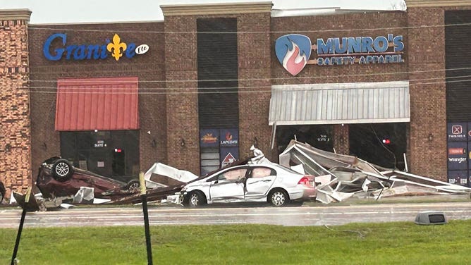 Damage from a possible tornado is seen in Sulphur, Louisiana, on May 13, 2024.