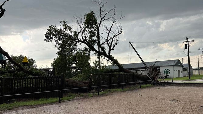Damage is seen in Russell, Kansas, after a severe storm ripped through the town May 19, 2024.