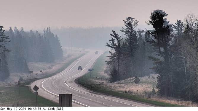 Hazy skies were seen Sunday, May 12, 2024, over Cook, Minnesota, as smoke from wildfires burning in western Canada spread southward into the Upper Midwest.
