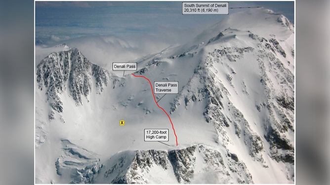Image showing the Denali Pass Traverse from High Camp at 17,200 feet elevation to Denali Pass, at 18,200 feet. The X indicates the approximate location where Mr. Hagiwara’s remains were recovered.