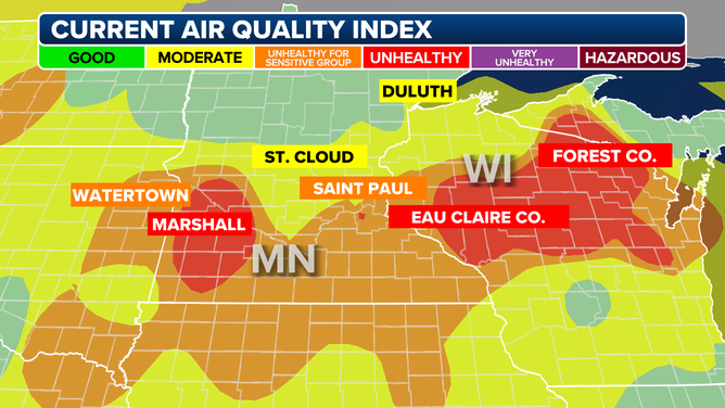 Air quality readings in the Upper Midwest as of 4:50 p.m. CT May 13, 2024.