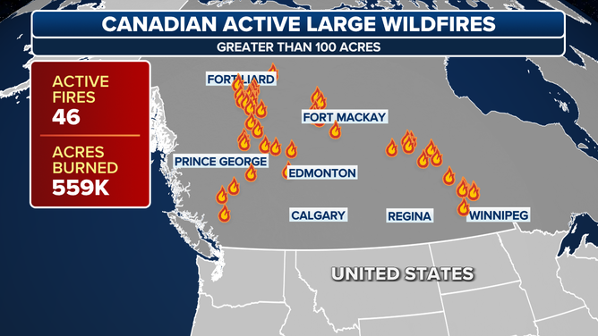 A map of wildfires burning in Canada as of May 13, 2024.