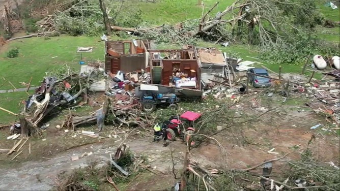 Video shows extensive damage in the town of Dawson Springs, Kentucky after it was hit by a tornado on Sunday.