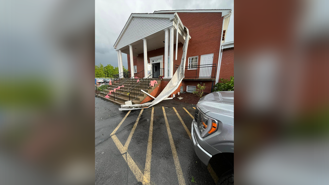 Damage is seen at a Pennsylvania church after a tornado in the town of Finleyville on Saturday, May 11, 2024.