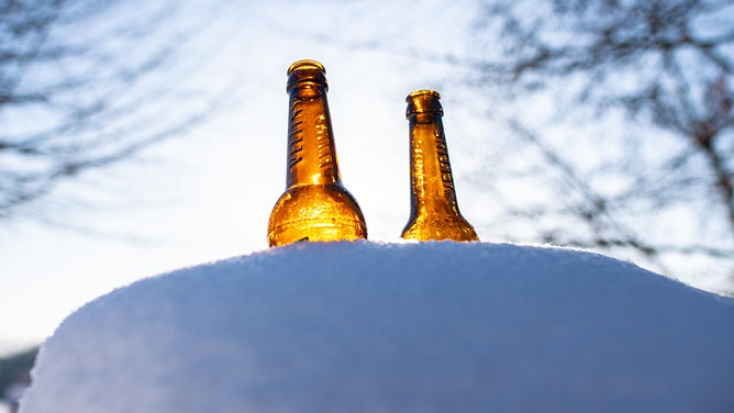 The sun shines on two empty beer bottles stuck in the snow.
