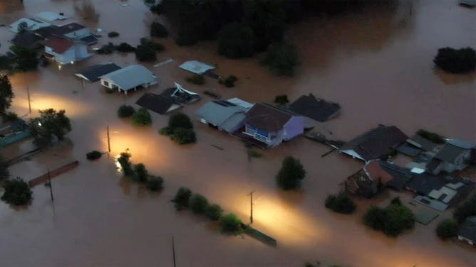 An aerial view shows flooded areas in Encantado city, Rio Grande do Sul, Brazil, on May 1, 2024.
