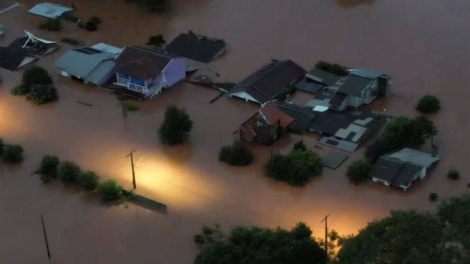An aerial view shows flooded areas in Encantado city, Rio Grande do Sul, Brazil, on May 1, 2024.