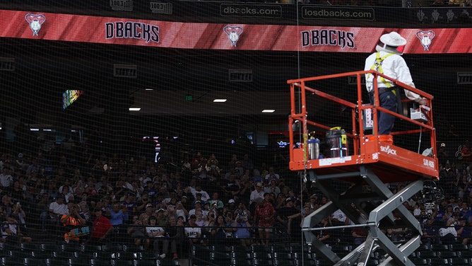 Beekeeper Matt Hilton removes a colony of bees that formed on the net behind home plate during a delay to the MLB game between the Los Angeles Dodgers and the Arizona Diamondbacks at Chase Field on April 30, 2024 in Phoenix, Arizona.
