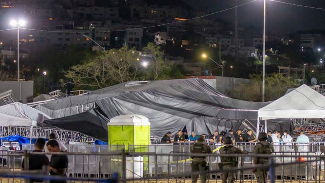 The debris is seen covered with a tarp after a stage collapsed during a campaign rally for Mexican presidential candidate Jorge Alvarez Maynez in San Pedro Garza Garcia, Nuevo Leon, Mexico, on May 22, 2024.