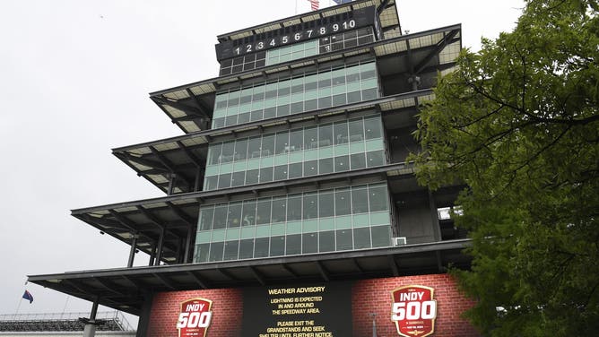 A weather advisory is seen on the screens of the Pagoda before the start of the NTT IndyCar Series 108th Running of the Indianapolis 500 on May 26, 2024, at the Indianapolis Motor Speedway in Indianapolis, Indiana.