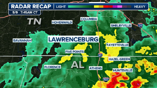 This image shows a radar loop of strong thunderstorms and heavy rain in the Lawrenceburg, Tennessee, area on the morning of May 9, 2024.
