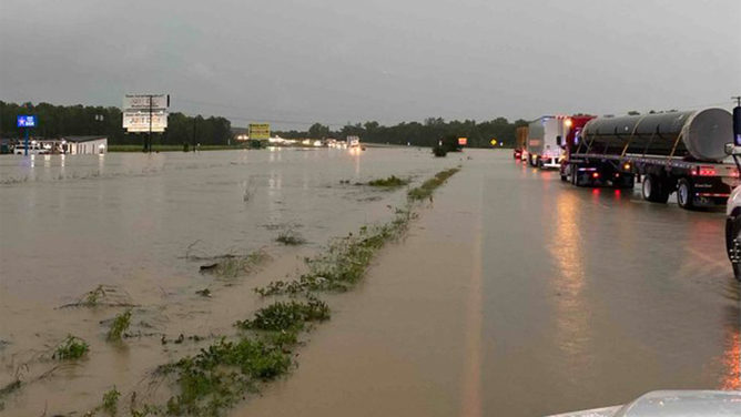 This image shows traffic at a standstill due to flooding in Lufkin, Texas, on Thursday, May 2, 2024.
