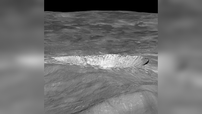 A wide view of Giordano Bruno crater on the Moon and its ejecta blanket. 