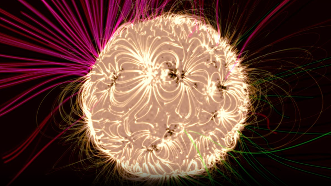 A simulation of the Sun's magnetic field changing over several years. 