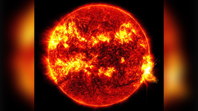 This image shows a massive solar flare exploding from the Sun on Tuesday, May 14, 2024.
