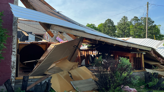 Heavy damage from an EF-1 tornado is seen at the More Pub and Grub in Sullivan, Missouri, on Tuesday, May 7, 2024.