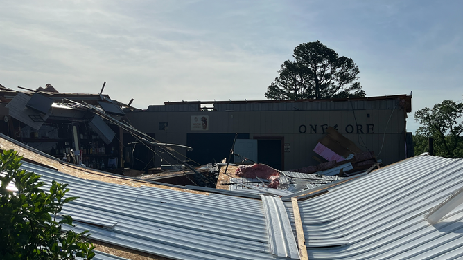 Heavy damage from an EF-1 tornado is seen at the More Pub and Grub in Sullivan, Missouri, on Tuesday, May 7, 2024.
