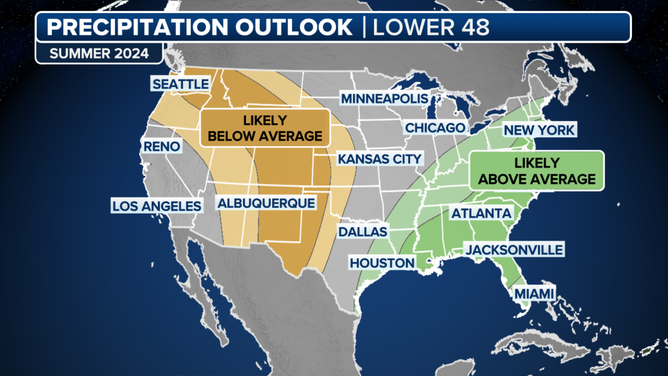 Wetter-than-average weather is expected this summer across the eastern portion of the nation.