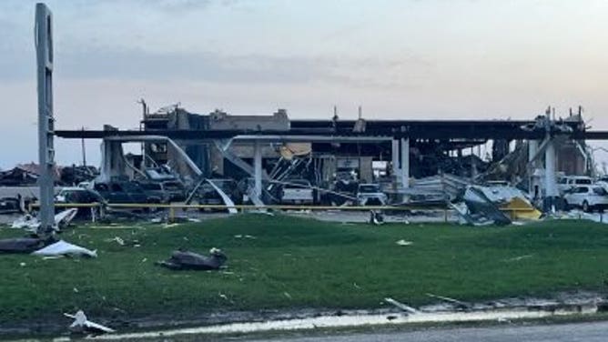 Possible tornado damage to an AP Travel Center and Shell Gas Station near Valley View, Texas on Sunday, May 26, 2024.